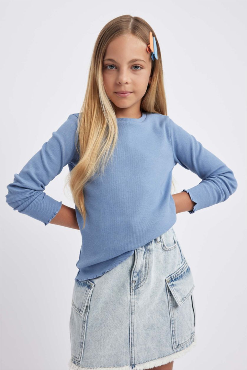 GIRLS & TEENS Blue Girl Crew Neck Ribbed Camisole Long Sleeve T-Shirt
