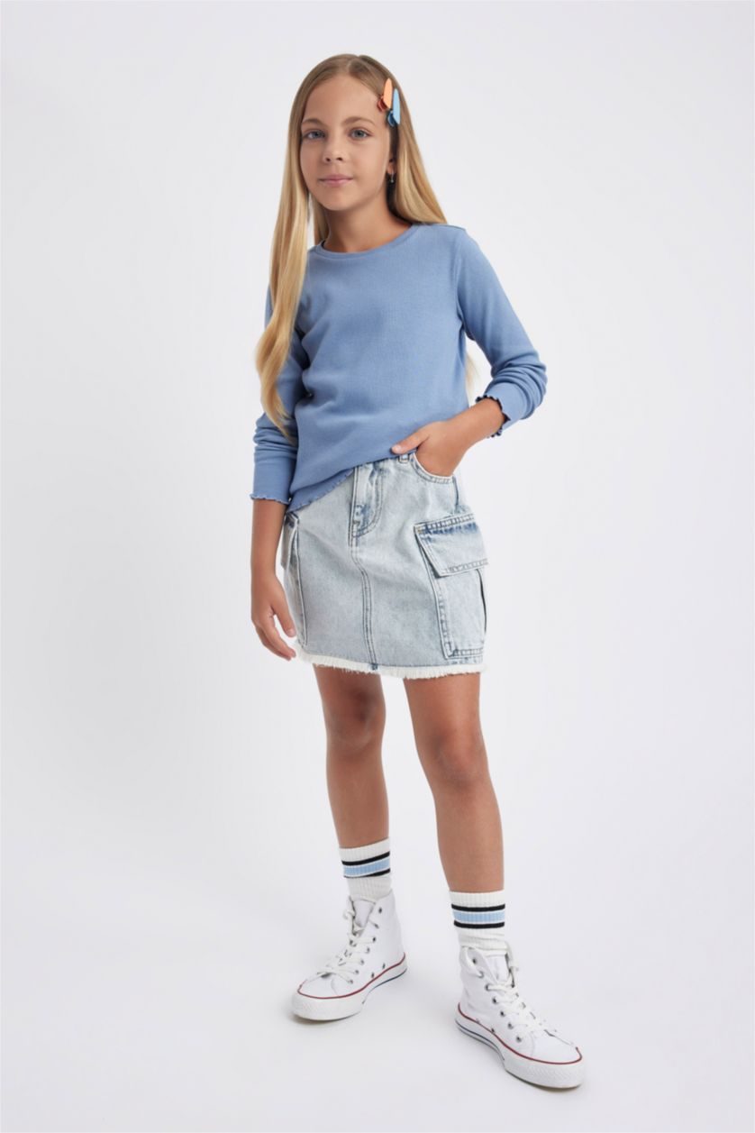 GIRLS & TEENS Blue Girl Crew Neck Ribbed Camisole Long Sleeve T-Shirt