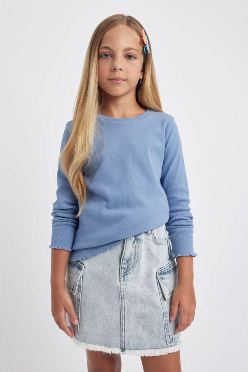 GIRLS & TEENS Blue Girl Crew Neck Ribbed Camisole Long Sleeve T-Shirt