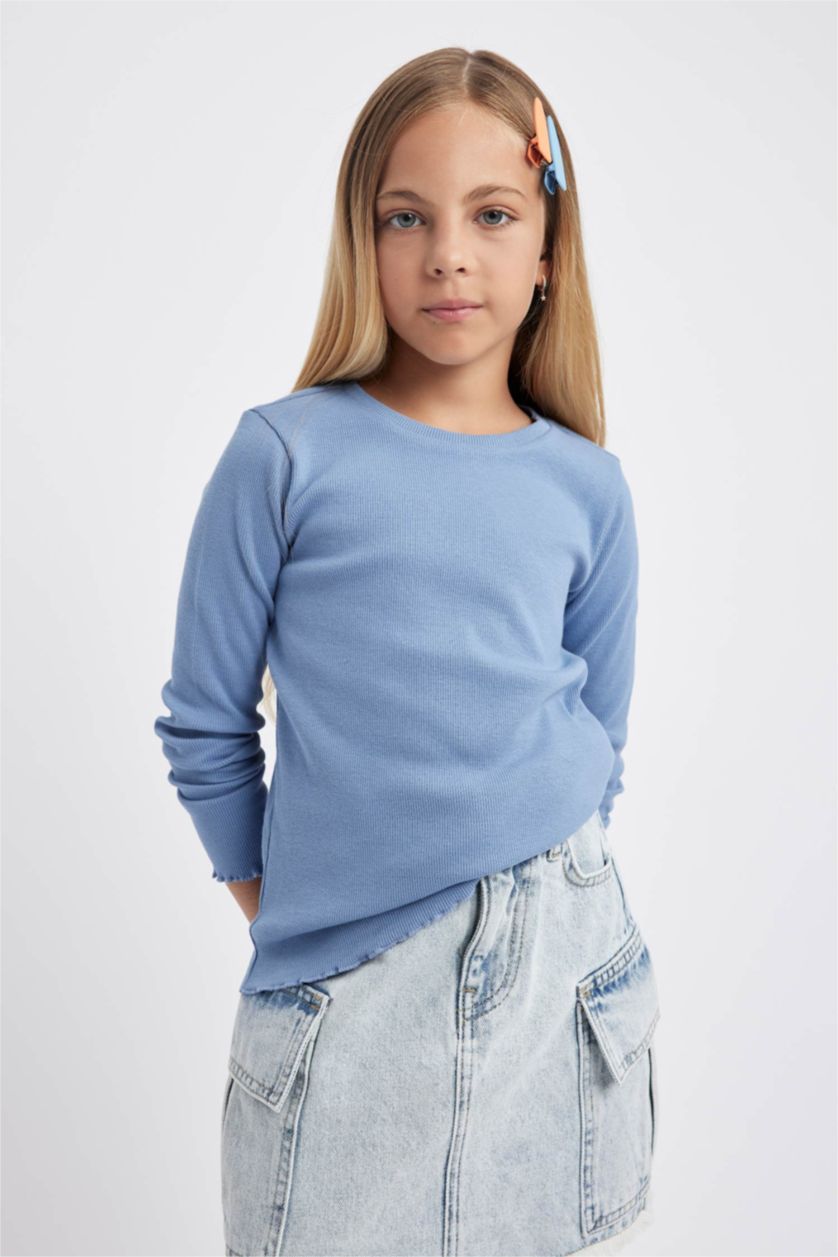 GIRLS & TEENS Blue Girl Crew Neck Ribbed Camisole Long Sleeve T-Shirt