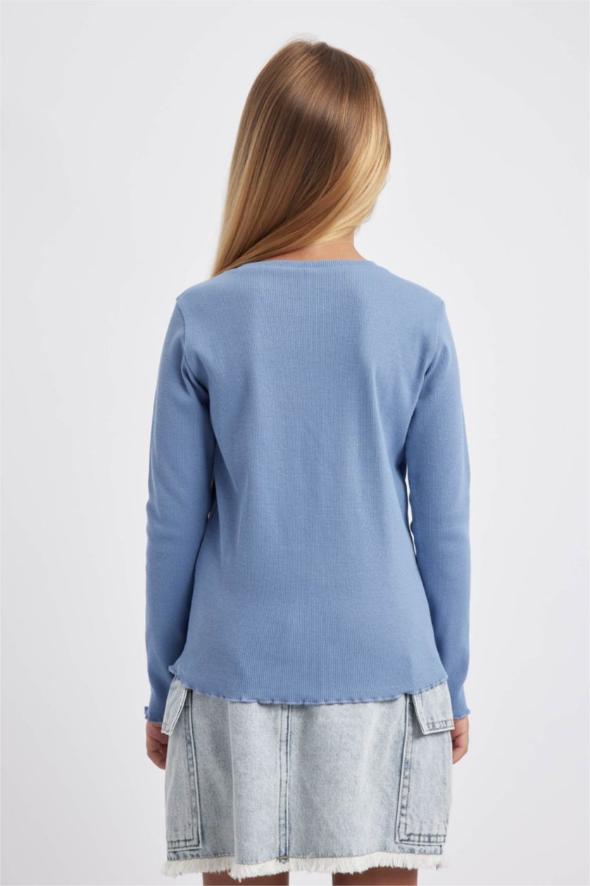 GIRLS & TEENS Blue Girl Crew Neck Ribbed Camisole Long Sleeve T-Shirt