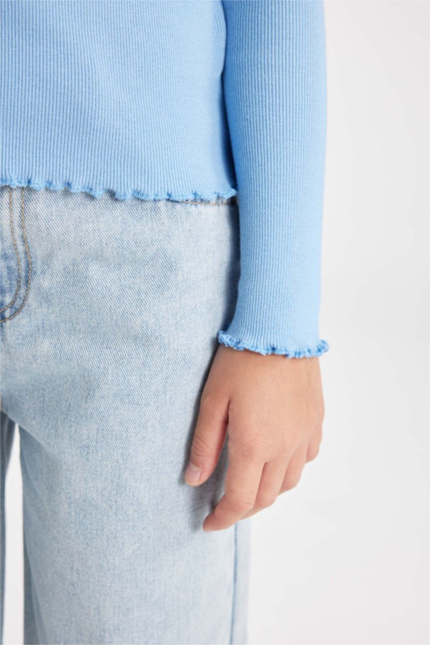 Kız Çocuk - Genç Kız Mavi Kız Çocuk Bisiklet Yaka Basic Düz Fitilli Kaşkorse Uzun Kollu Okul Tişörtü