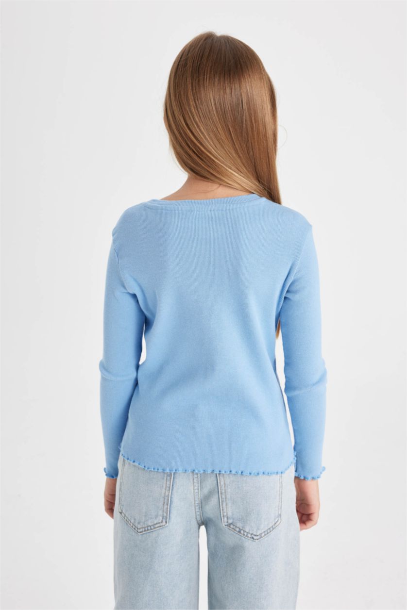 Kız Çocuk - Genç Kız Mavi Kız Çocuk Bisiklet Yaka Basic Düz Fitilli Kaşkorse Uzun Kollu Okul Tişörtü