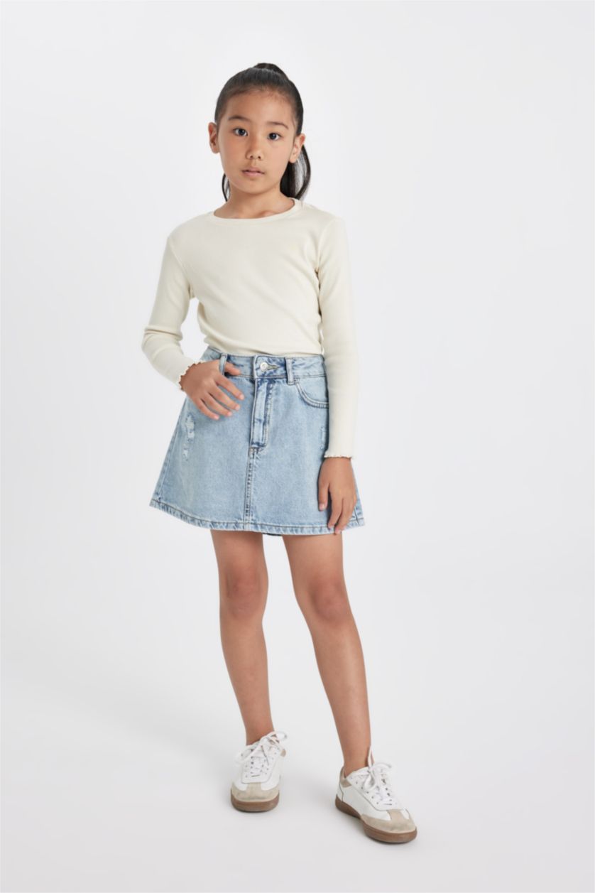 Kız Çocuk - Genç Kız Ekru Kız Çocuk Bisiklet Yaka Basic Düz Fitilli Kaşkorse Uzun Kollu Okul Tişörtü