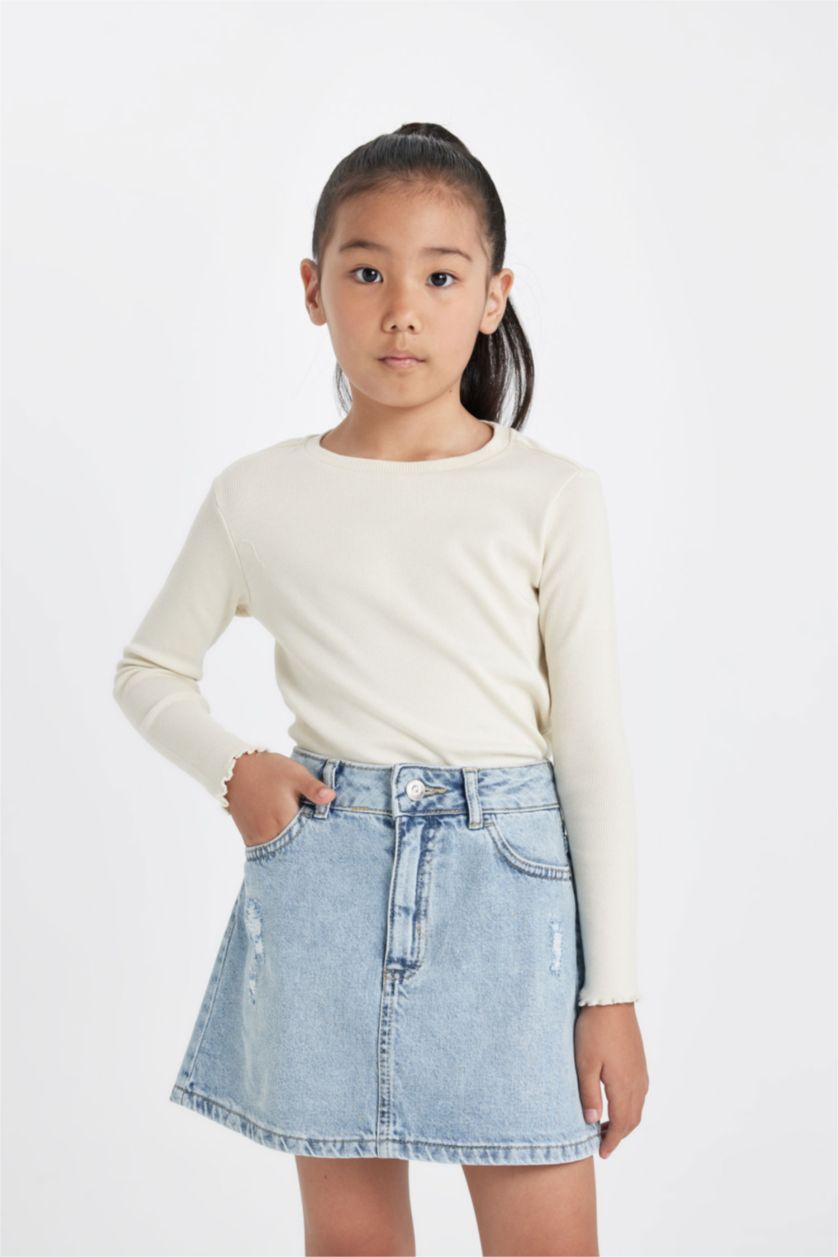 Kız Çocuk - Genç Kız Ekru Kız Çocuk Bisiklet Yaka Basic Düz Fitilli Kaşkorse Uzun Kollu Okul Tişörtü