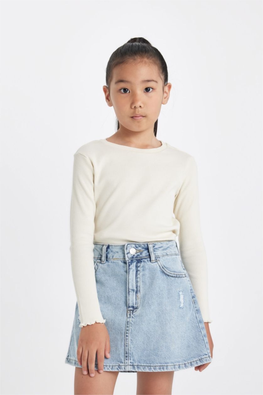 Kız Çocuk - Genç Kız Ekru Kız Çocuk Bisiklet Yaka Basic Düz Fitilli Kaşkorse Uzun Kollu Okul Tişörtü