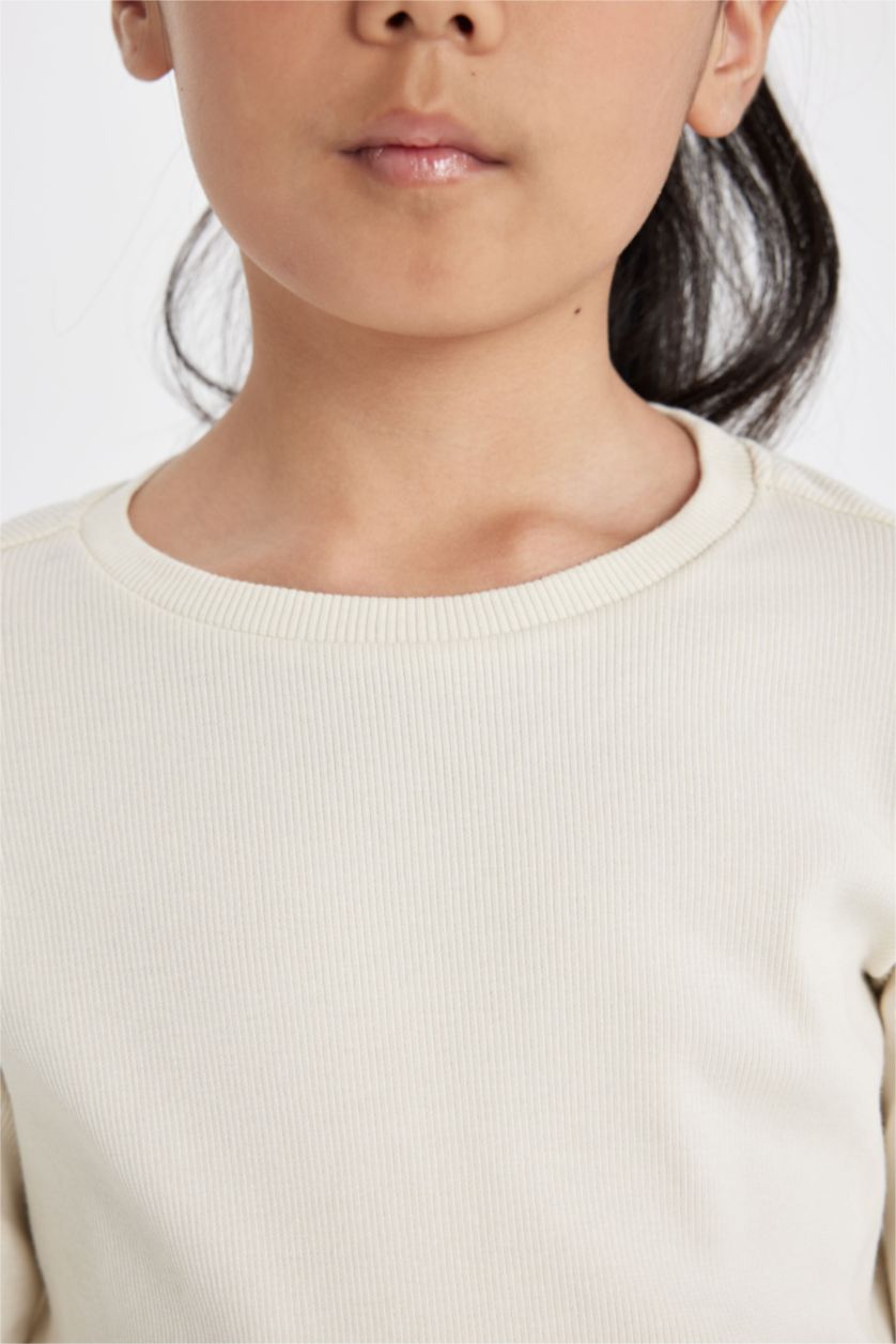 Kız Çocuk - Genç Kız Ekru Kız Çocuk Bisiklet Yaka Basic Düz Fitilli Kaşkorse Uzun Kollu Okul Tişörtü