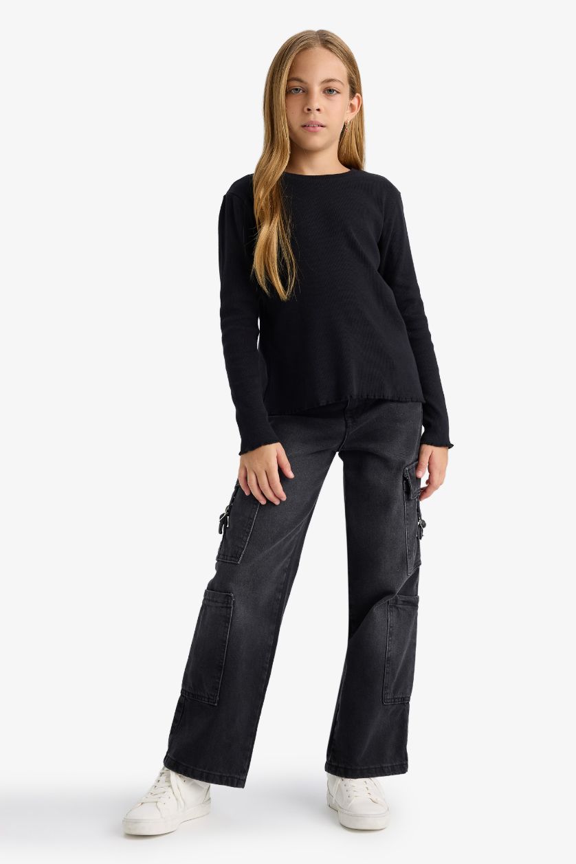 FILLES Noir T-shirt basique en maille côtelée à manches longues pour fille