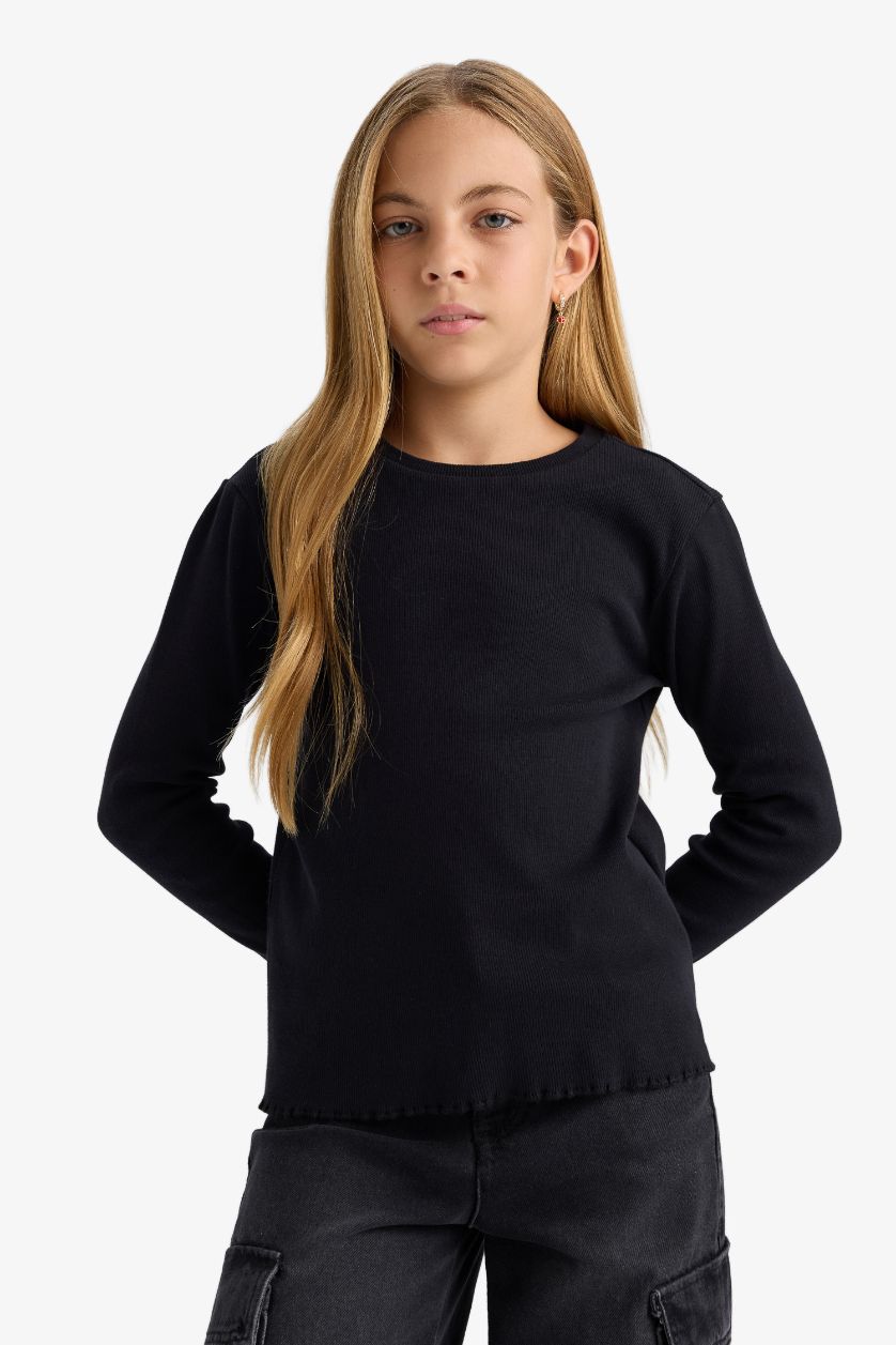 FILLES Noir T-shirt basique en maille côtelée à manches longues pour fille