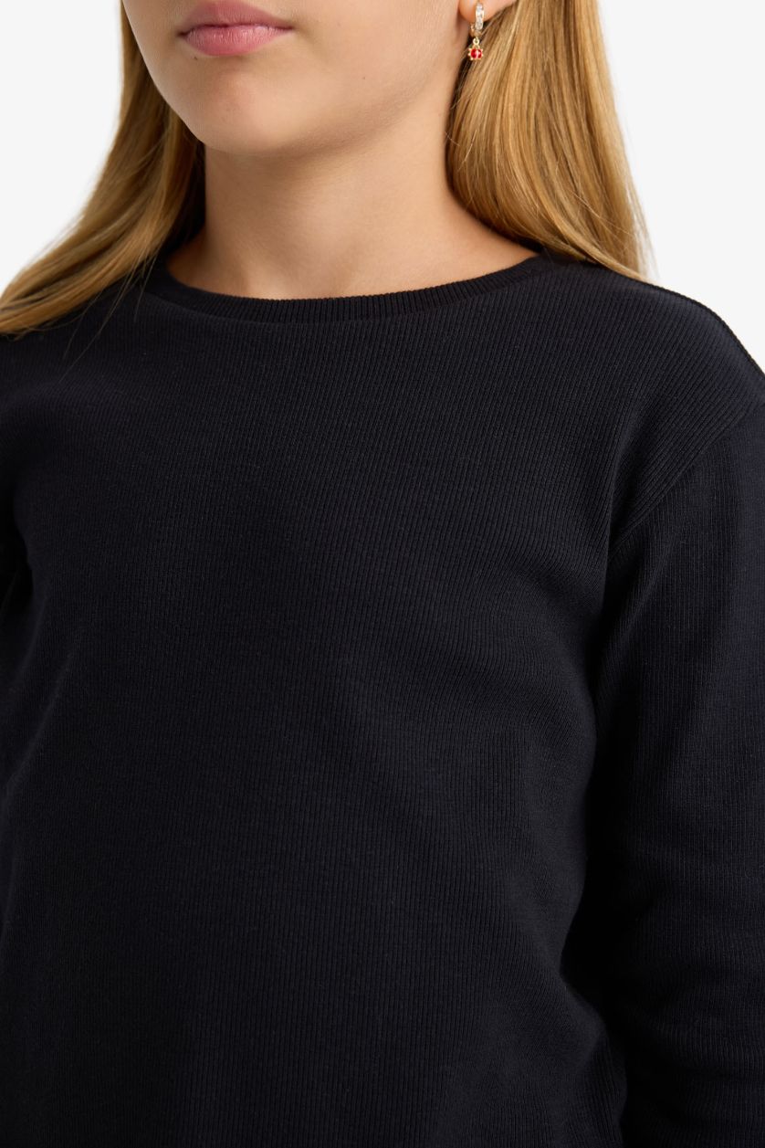 FILLES Noir T-shirt basique en maille côtelée à manches longues pour fille