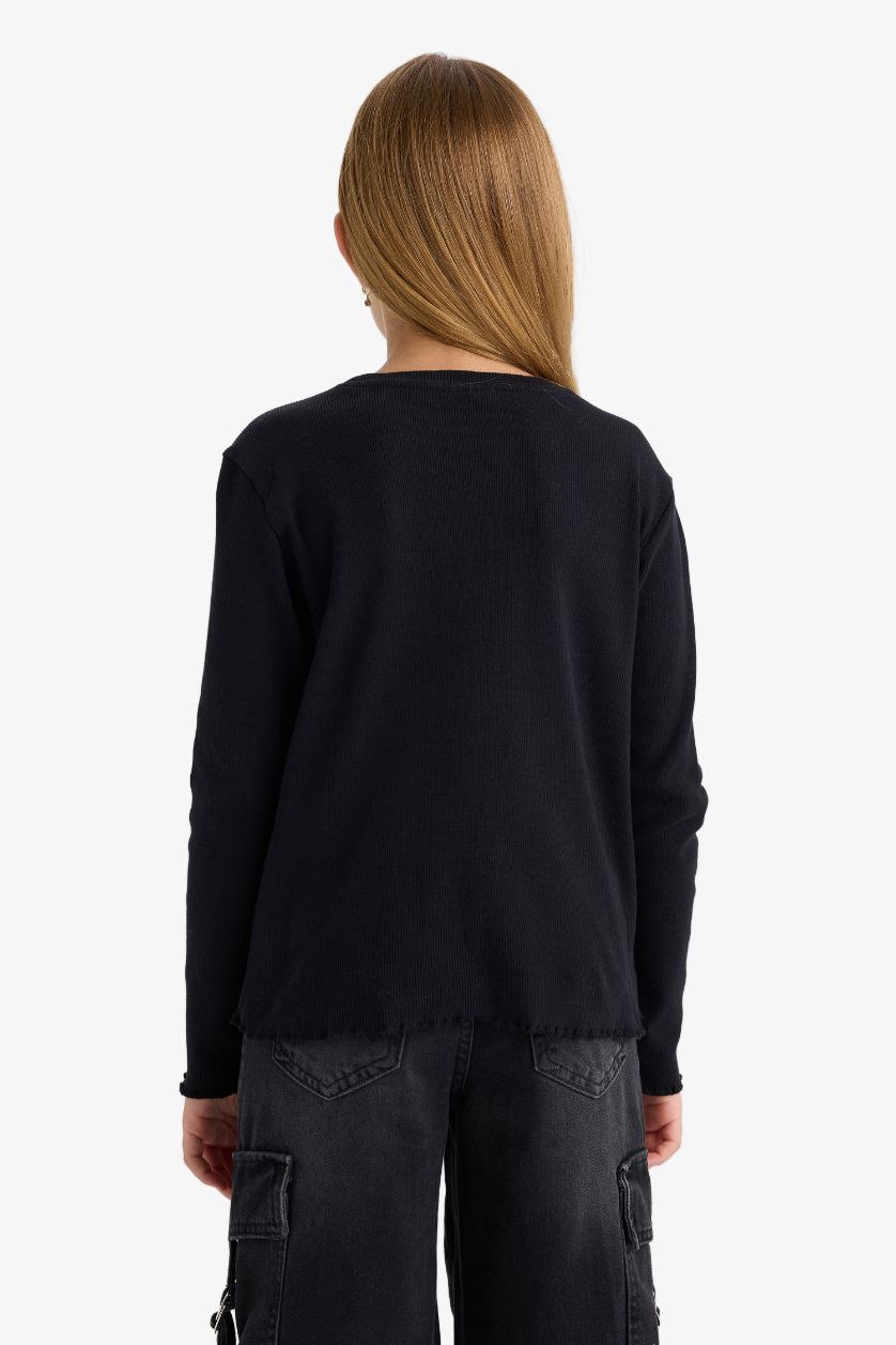 FILLES Noir T-shirt basique en maille côtelée à manches longues pour fille