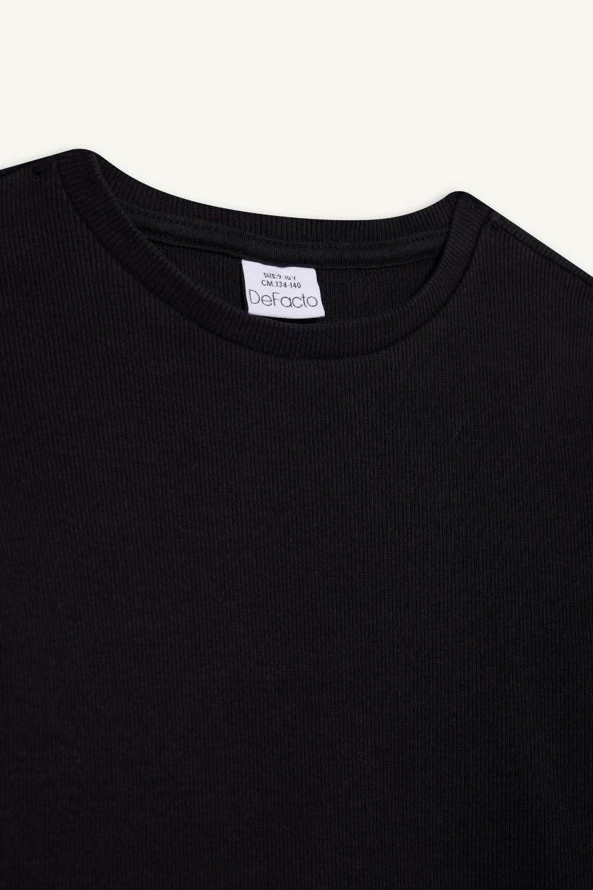 FILLES Noir T-shirt basique en maille côtelée à manches longues pour fille