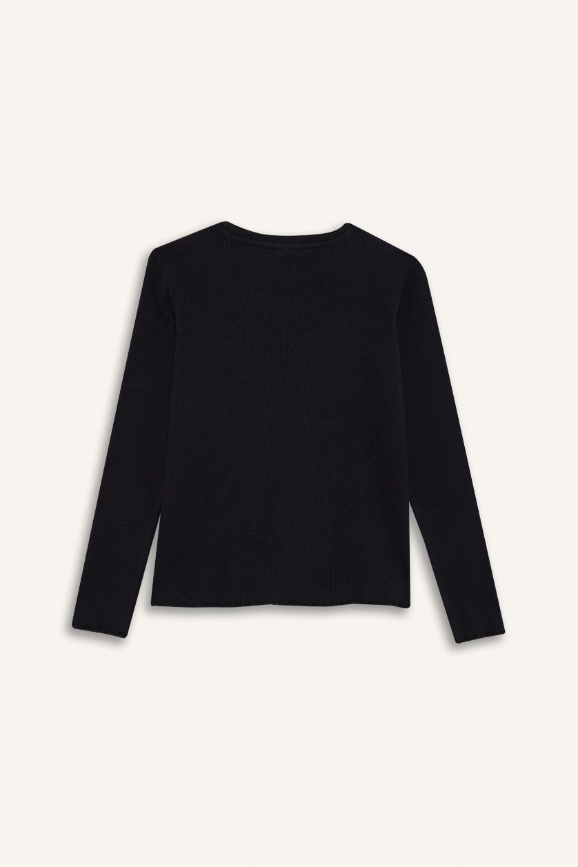 FILLES Noir T-shirt basique en maille côtelée à manches longues pour fille