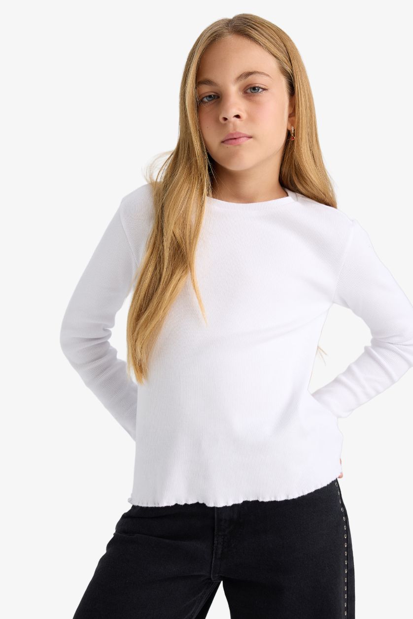 Kız Çocuk - Genç Kız Beyaz Kız Çocuk Bisiklet Yaka Basic Düz Fitilli Kaşkorse Uzun Kollu Okul Tişörtü