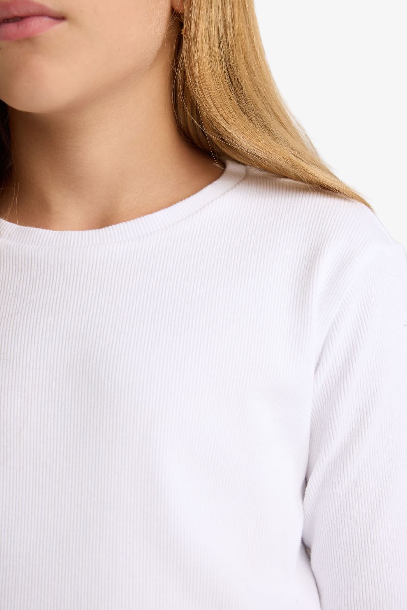 Kız Çocuk - Genç Kız Beyaz Kız Çocuk Bisiklet Yaka Basic Düz Fitilli Kaşkorse Uzun Kollu Okul Tişörtü