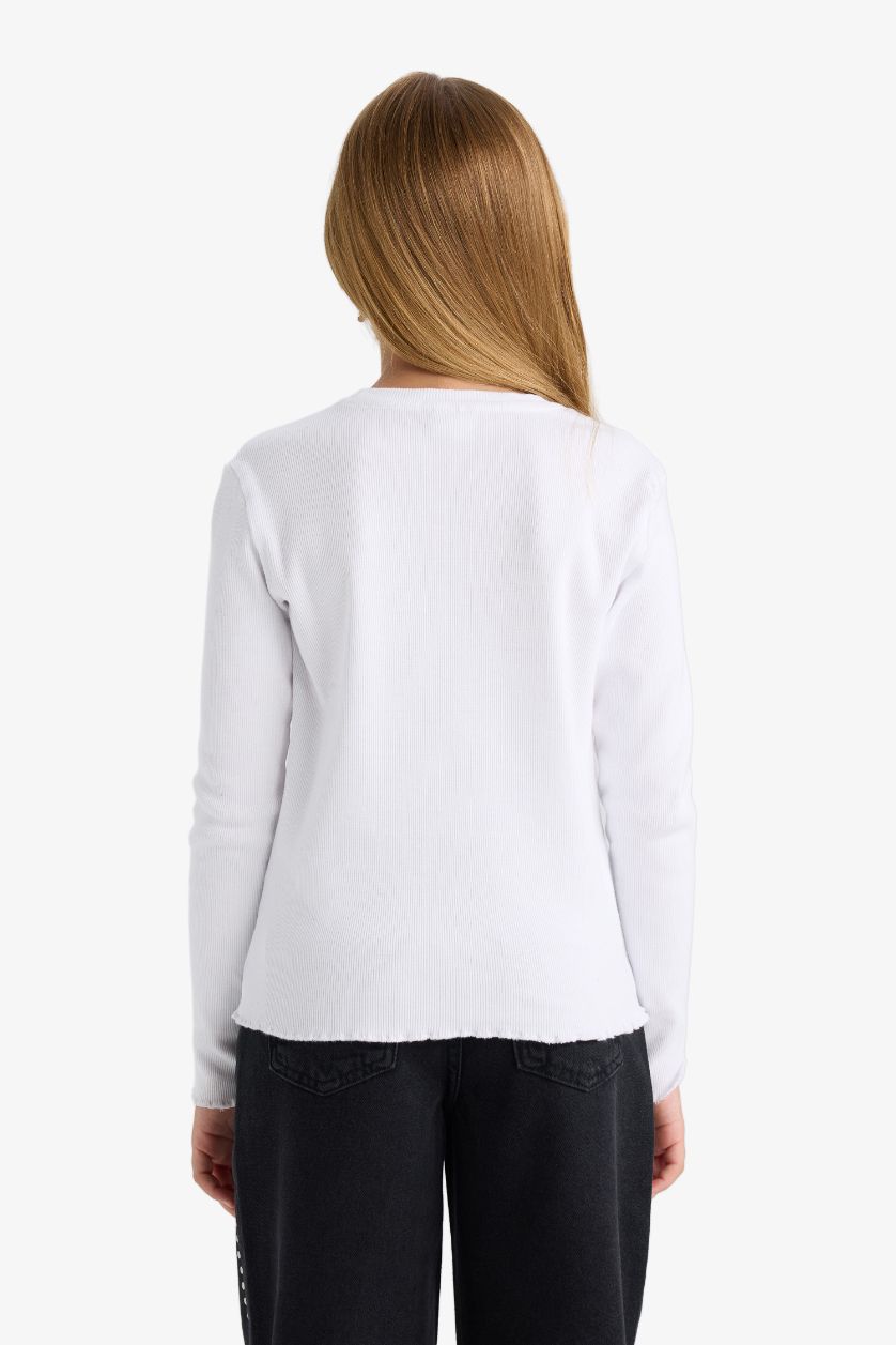 Kız Çocuk - Genç Kız Beyaz Kız Çocuk Bisiklet Yaka Basic Düz Fitilli Kaşkorse Uzun Kollu Okul Tişörtü