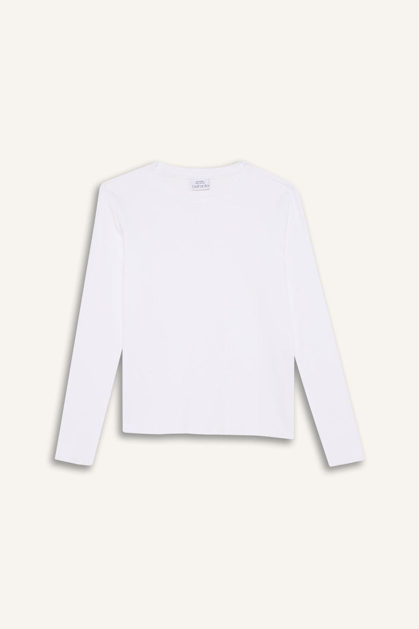 Kız Çocuk - Genç Kız Beyaz Kız Çocuk Bisiklet Yaka Basic Düz Fitilli Kaşkorse Uzun Kollu Okul Tişörtü