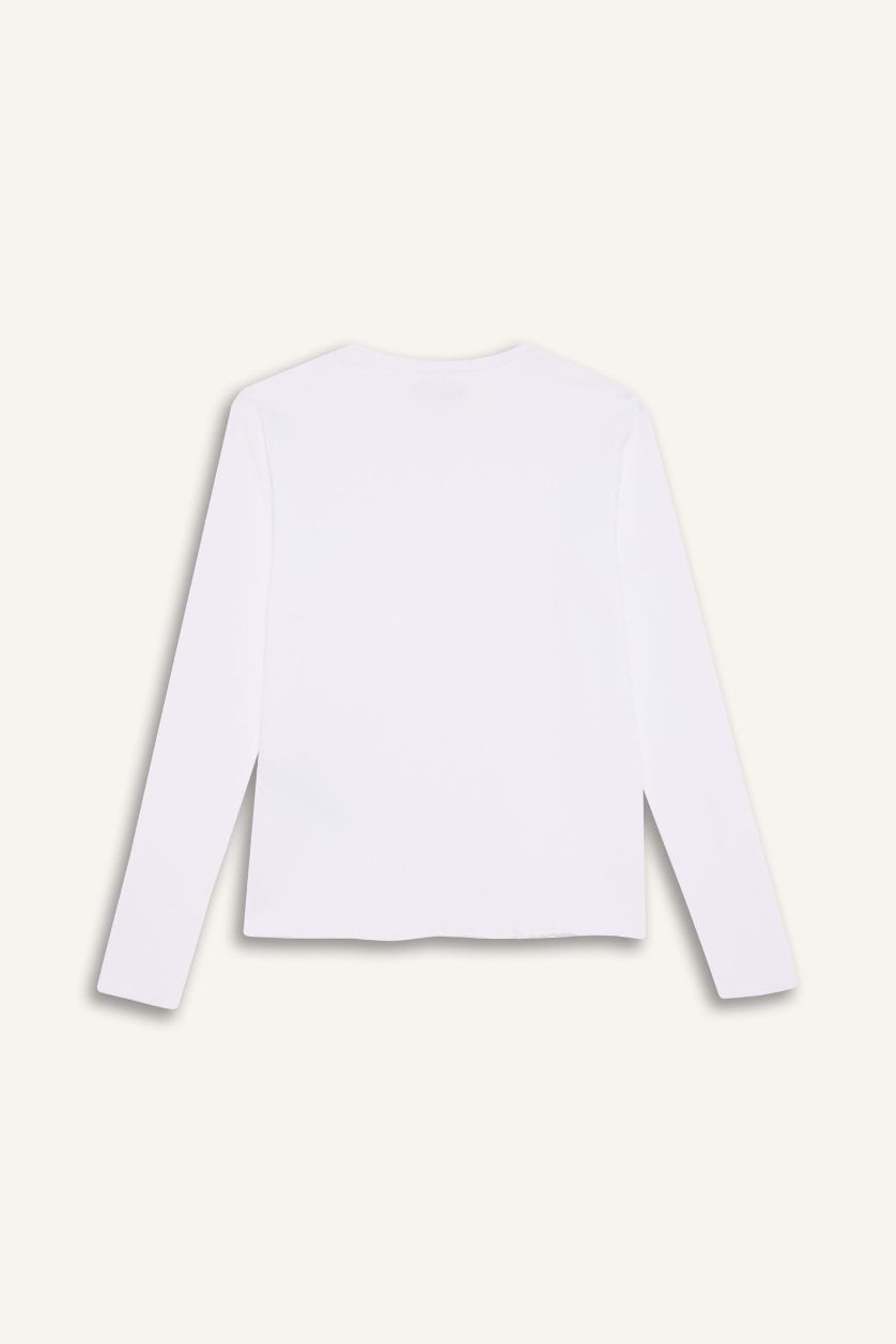 Kız Çocuk - Genç Kız Beyaz Kız Çocuk Bisiklet Yaka Basic Düz Fitilli Kaşkorse Uzun Kollu Okul Tişörtü