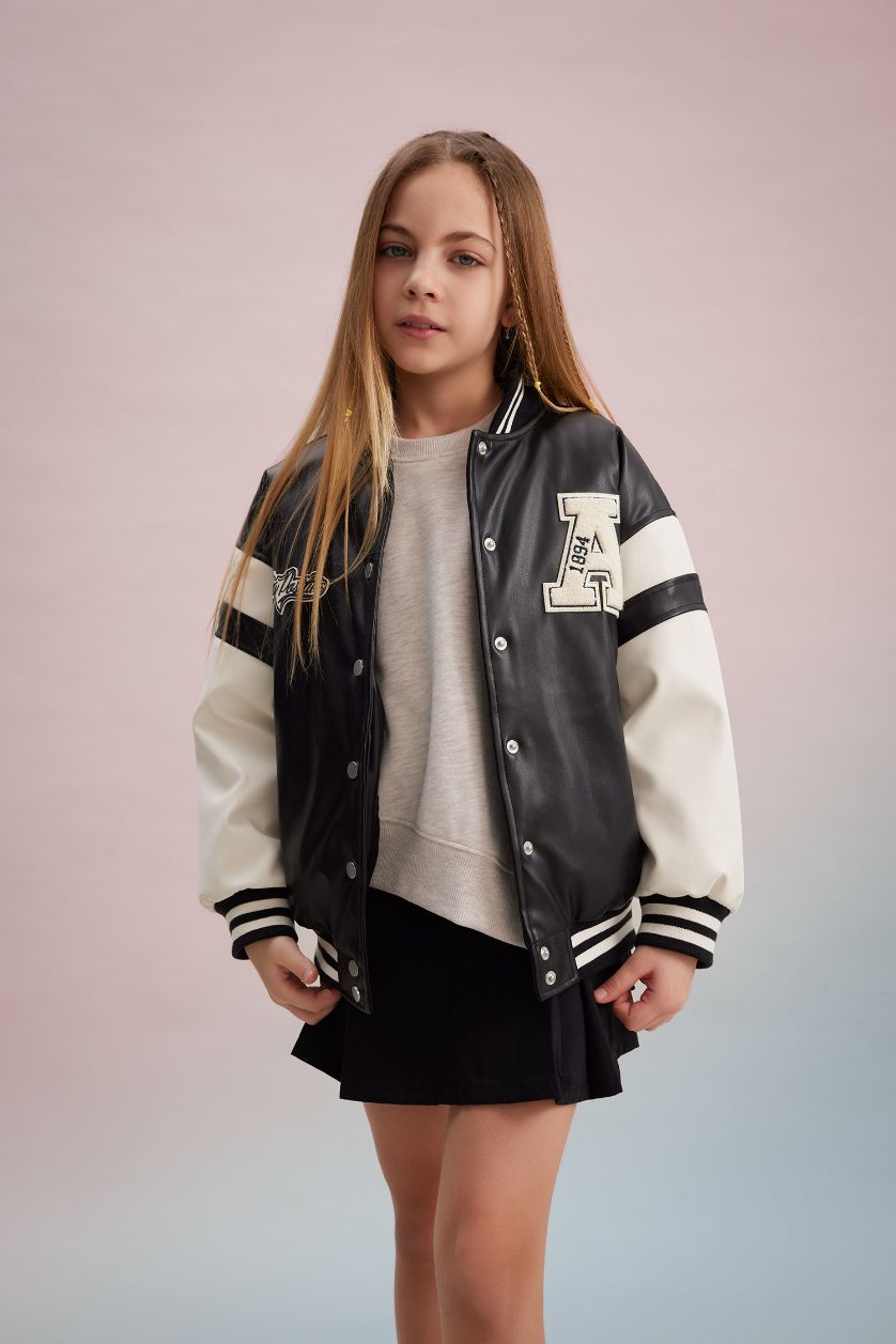 Girls & Teens Black Girl College Collar Waterproof Faux Leather Bomber Jacket