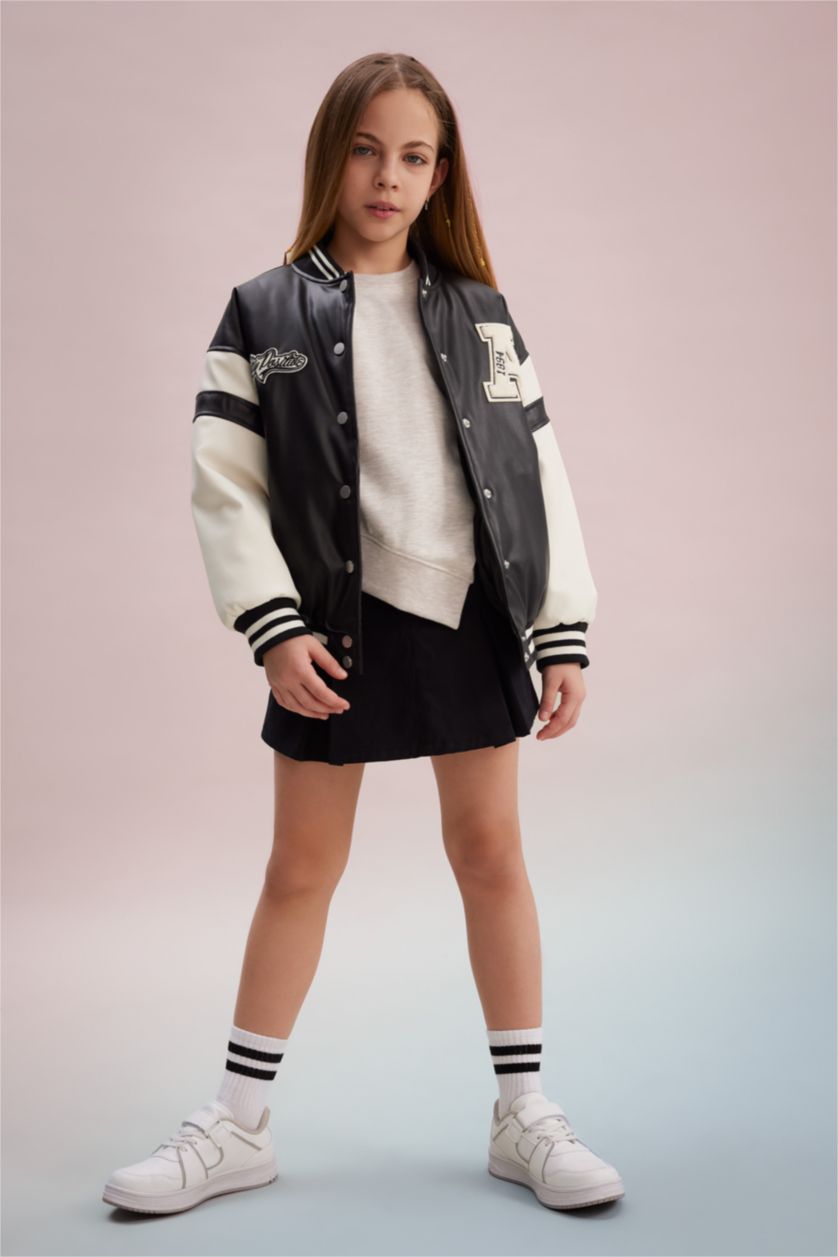 Girls & Teens Black Girl College Collar Waterproof Faux Leather Bomber Jacket