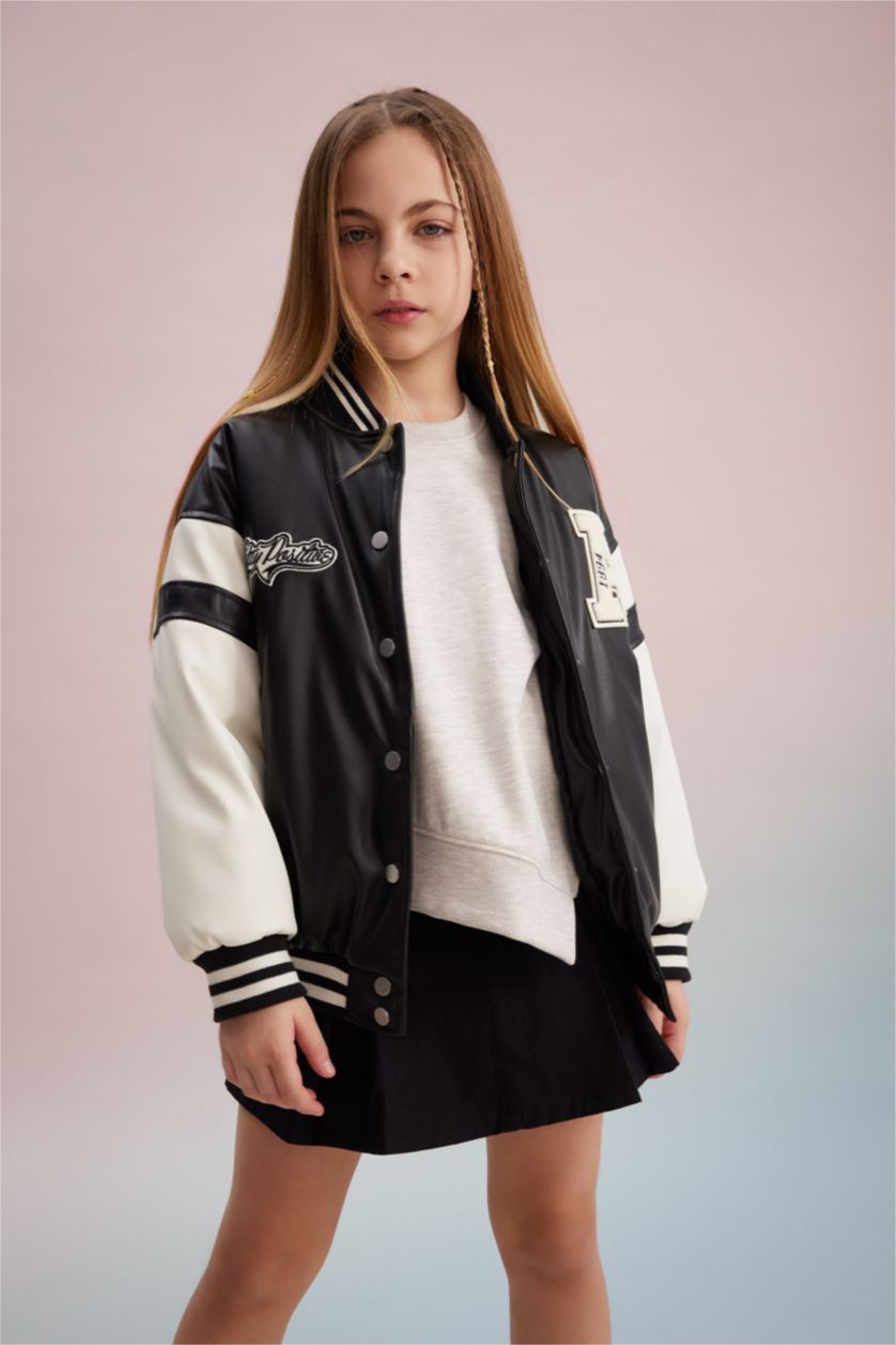Girls & Teens Black Girl College Collar Waterproof Faux Leather Bomber Jacket
