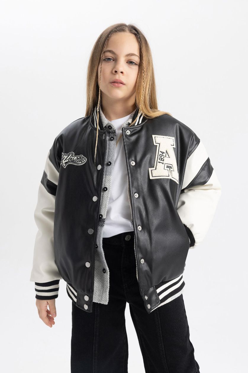 Girls & Teens Black Girl College Collar Waterproof Faux Leather Bomber Jacket