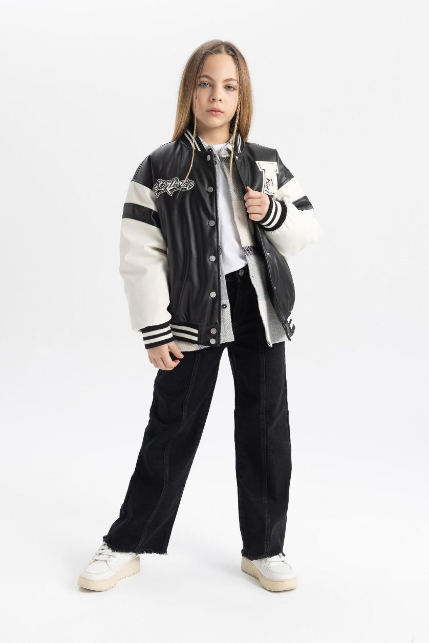 Girls & Teens Black Girl College Collar Waterproof Faux Leather Bomber Jacket