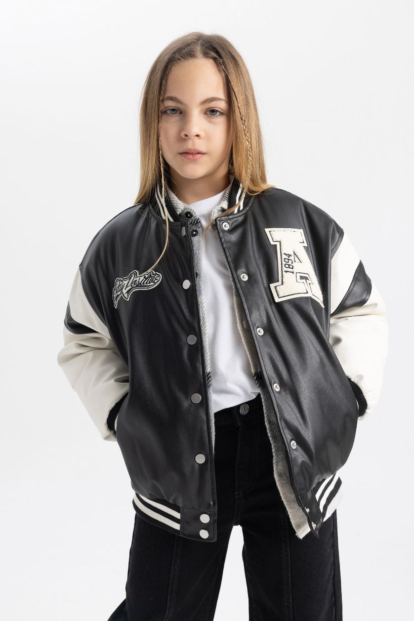 Girls & Teens Black Girl College Collar Waterproof Faux Leather Bomber Jacket
