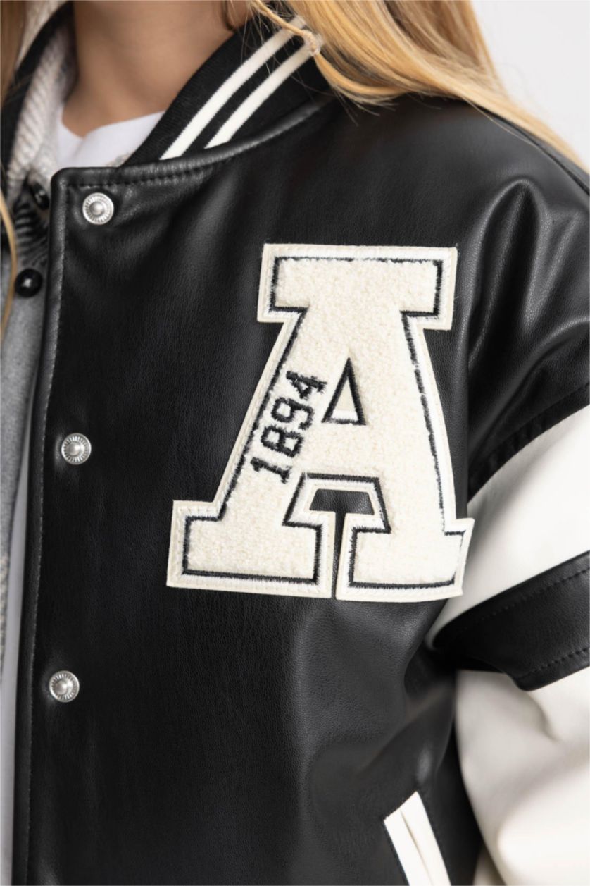 Girls & Teens Black Girl College Collar Waterproof Faux Leather Bomber Jacket