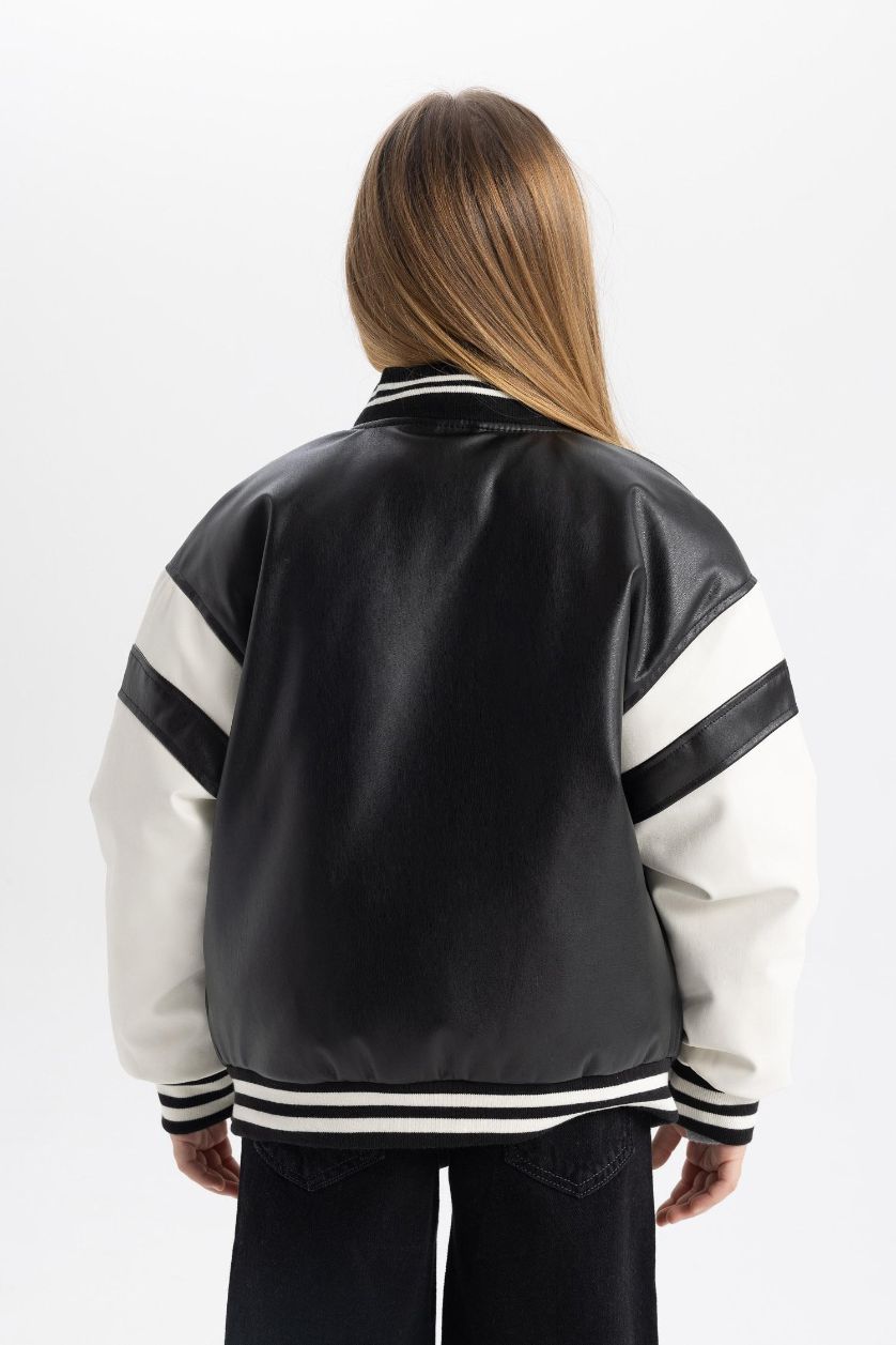 Girls & Teens Black Girl College Collar Waterproof Faux Leather Bomber Jacket