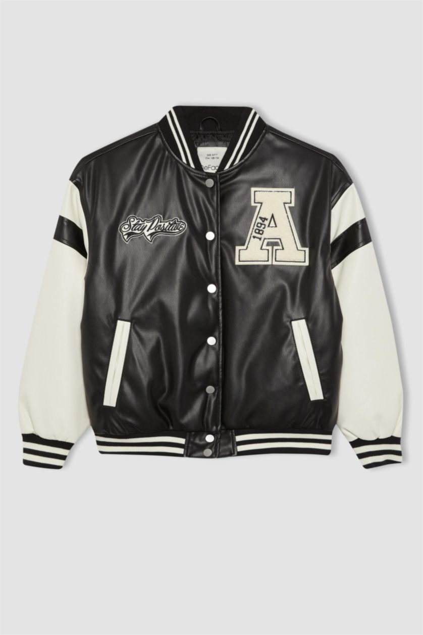 Girls & Teens Black Girl College Collar Waterproof Faux Leather Bomber Jacket