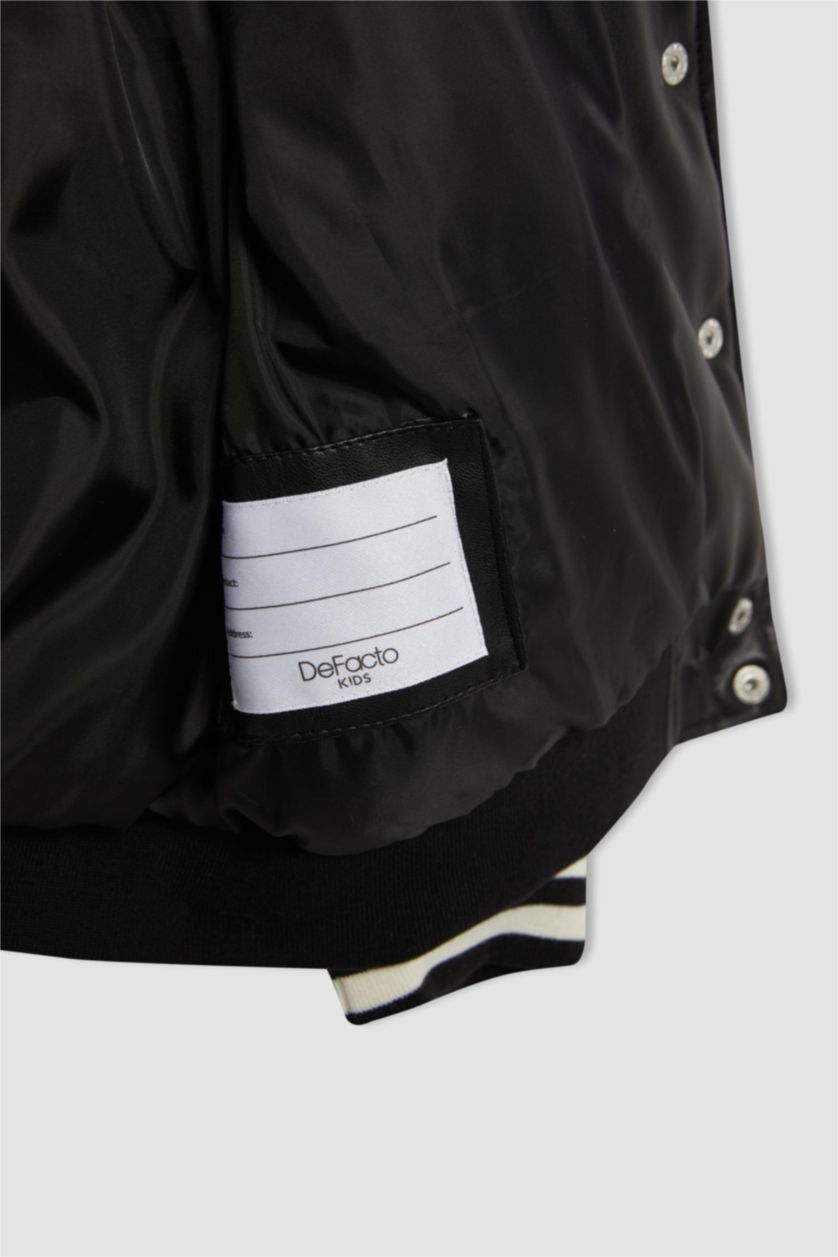 Girls & Teens Black Girl College Collar Waterproof Faux Leather Bomber Jacket