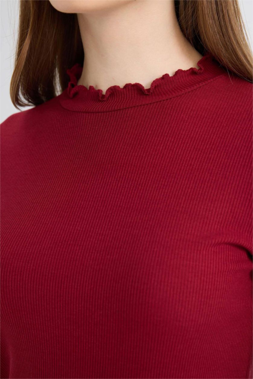 نساء خمري تيشيرت طويل مضلع بياخة عالية ردن طويل