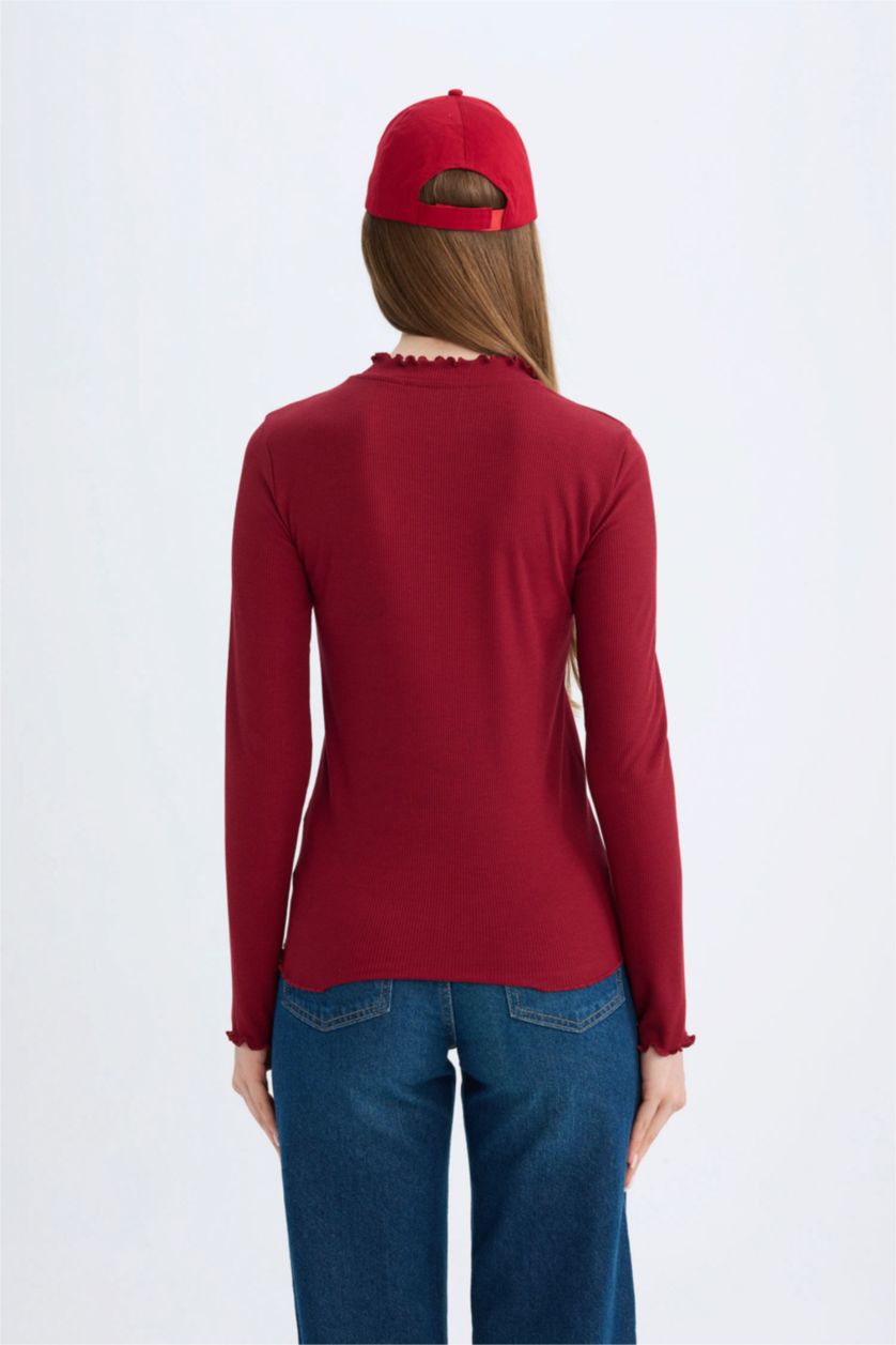 نساء خمري تيشيرت طويل مضلع بياخة عالية ردن طويل