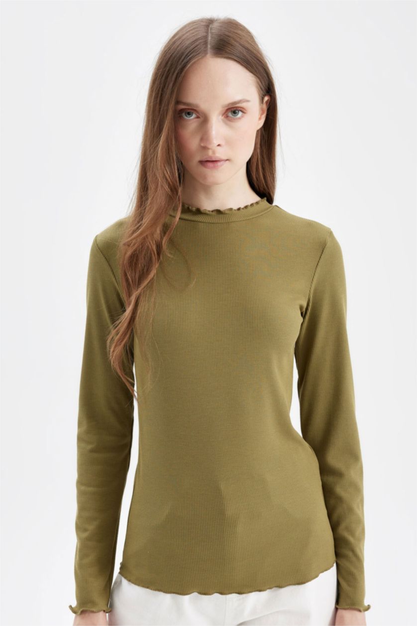 Kadın Haki Yarım Balıkçı Yaka Fitilli Kaşkorse Basıc Tişört