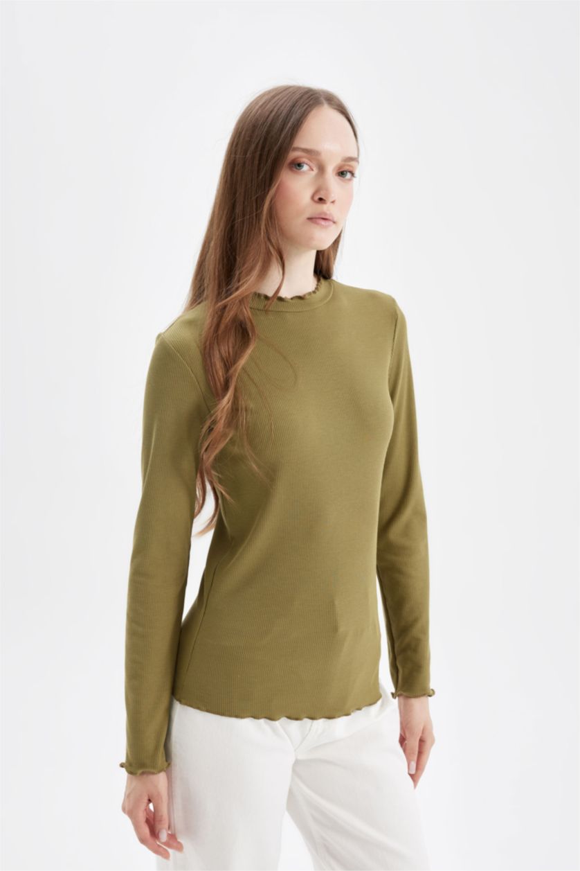 Kadın Haki Yarım Balıkçı Yaka Fitilli Kaşkorse Basıc Tişört