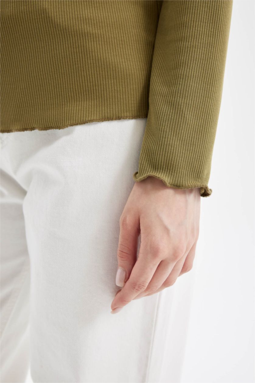 Kadın Haki Yarım Balıkçı Yaka Fitilli Kaşkorse Basıc Tişört