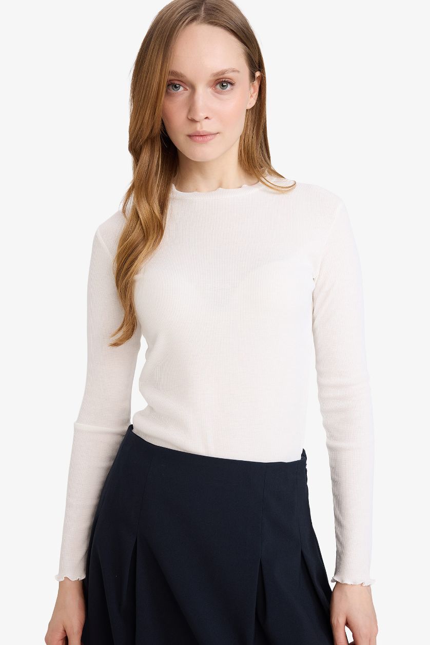 WOMAN Ecru Ribbed Ribbed Basic T-Shirt