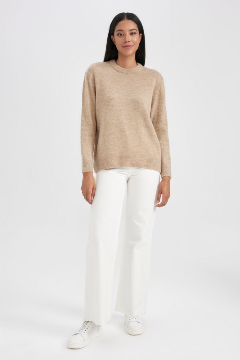 Женская Бежевый Свитер стандартного кроя с V-образным вырезом