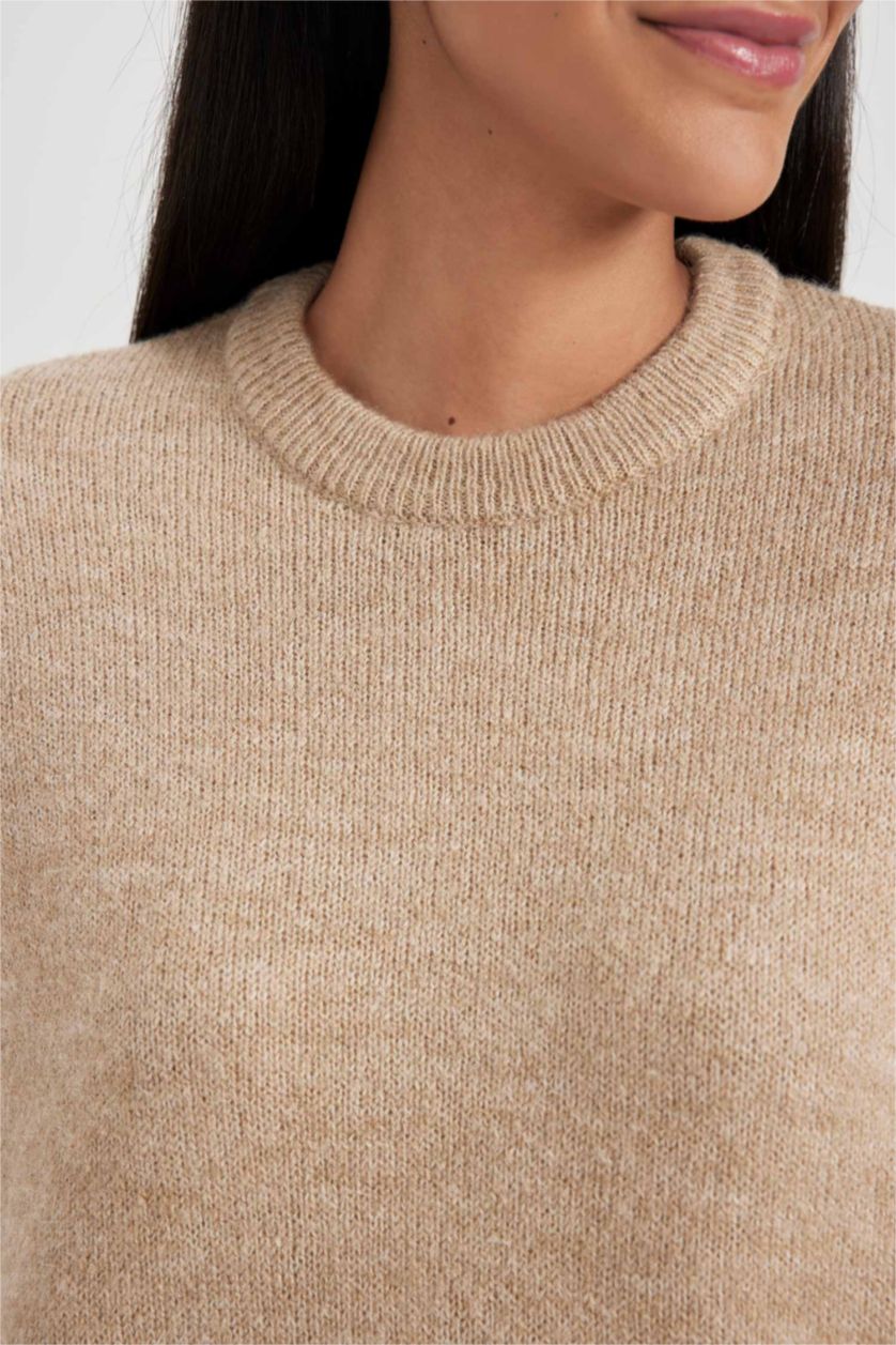 Женская Бежевый Свитер стандартного кроя с V-образным вырезом