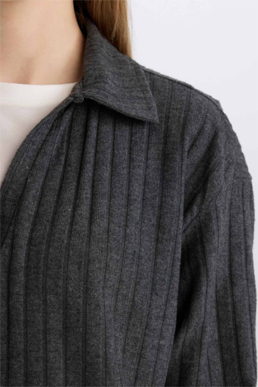 Kadın Antrasit Melanj Antrasit Relax Fit Polo Yaka Casual Fitilli Kaşkorse Uzun Kollu Tişört