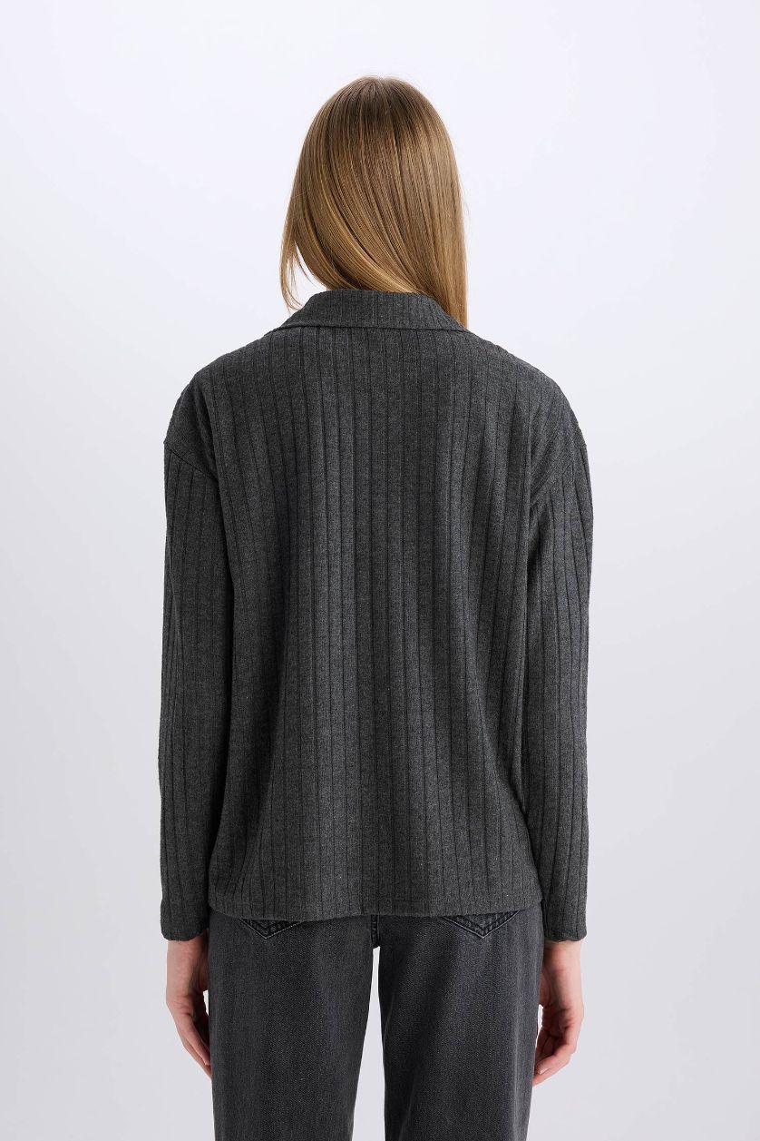 Kadın Antrasit Melanj Antrasit Relax Fit Polo Yaka Casual Fitilli Kaşkorse Uzun Kollu Tişört