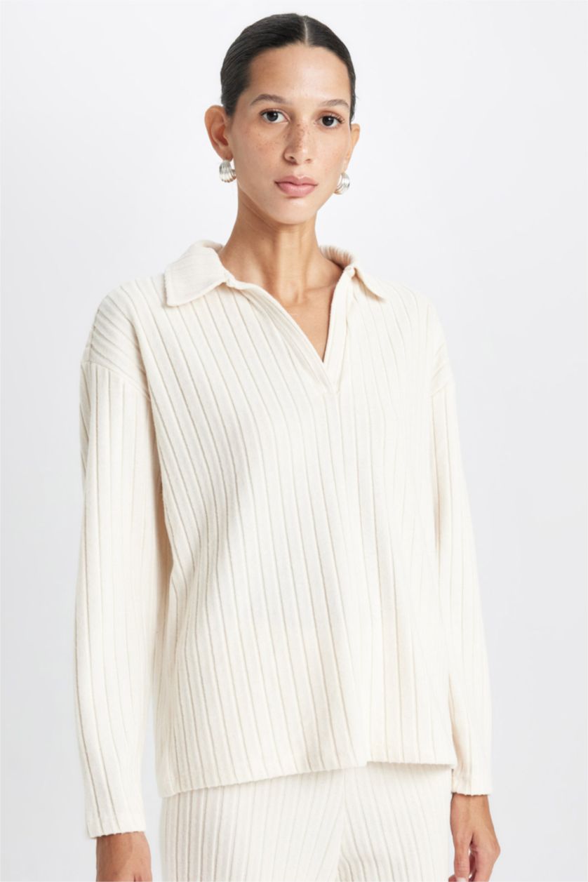 Kadın Bej Relax Fit Polo Yaka Casual Fitilli Kaşkorse Uzun Kollu Tişört