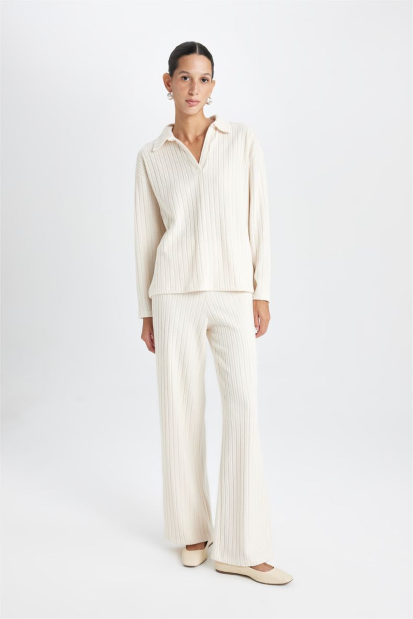 Kadın Bej Relax Fit Polo Yaka Casual Fitilli Kaşkorse Uzun Kollu Tişört