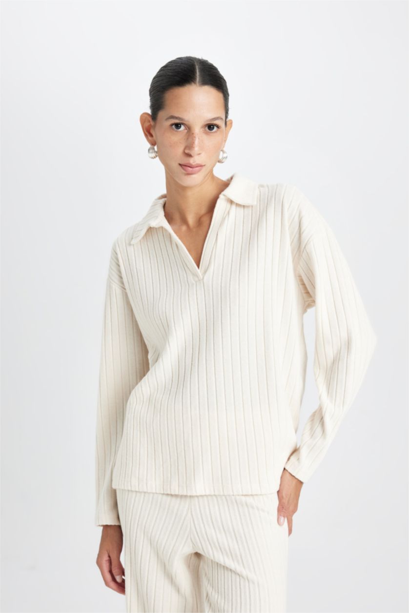 Kadın Bej Relax Fit Polo Yaka Casual Fitilli Kaşkorse Uzun Kollu Tişört