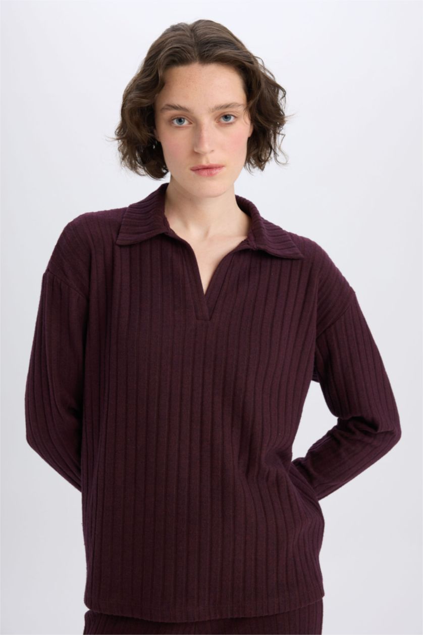 WOMAN Bordeaux Relax Fit Polo Neck Basic Ribbed Camisole T-Shirt