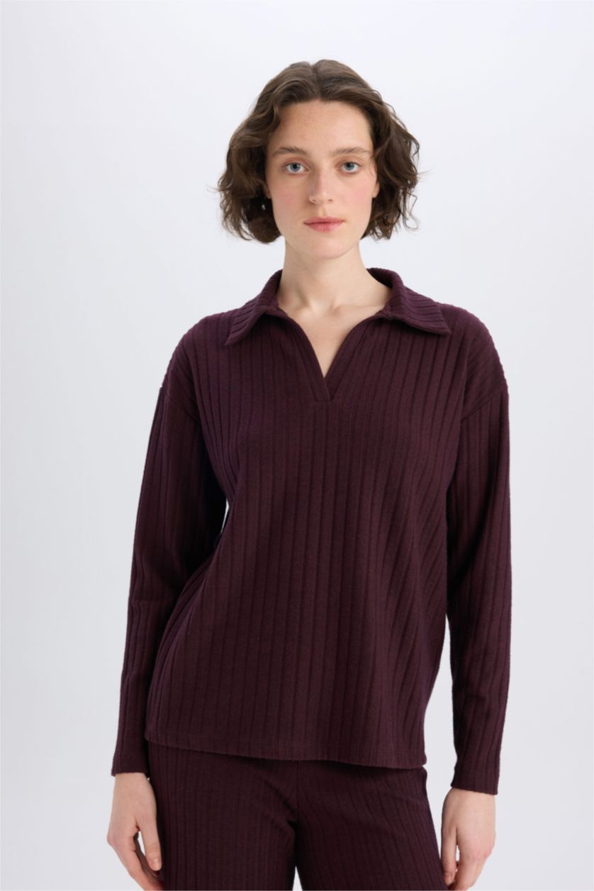 WOMAN Bordeaux Relax Fit Polo Neck Basic Ribbed Camisole T-Shirt