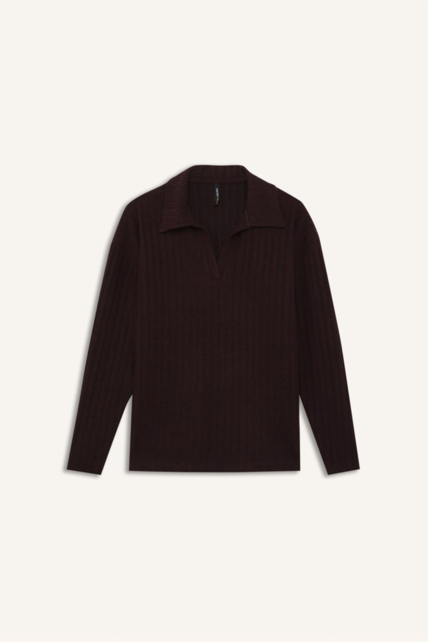 WOMAN Bordeaux Relax Fit Polo Neck Basic Ribbed Camisole T-Shirt