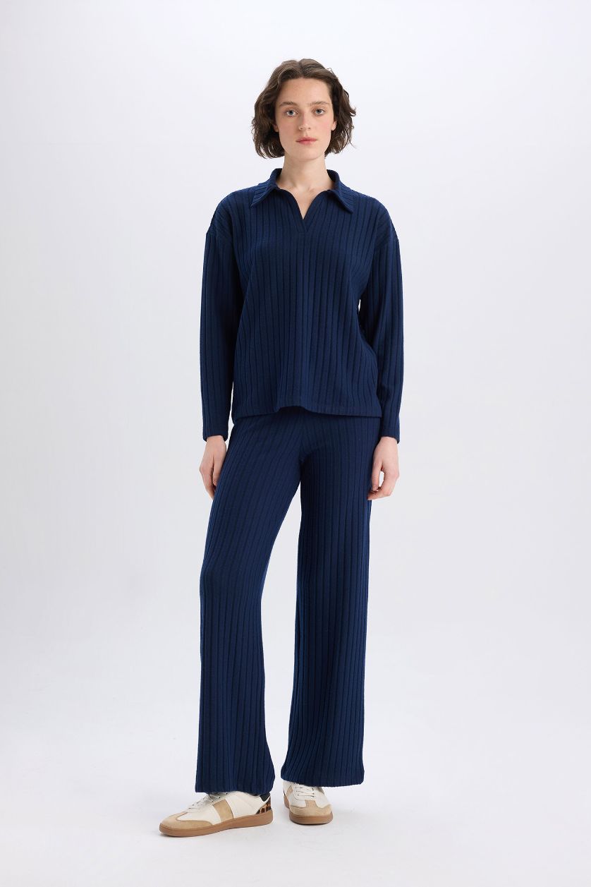 نساء كحلي تيشيرت بولو من قطن بأكمام طويلة قصة مريحة