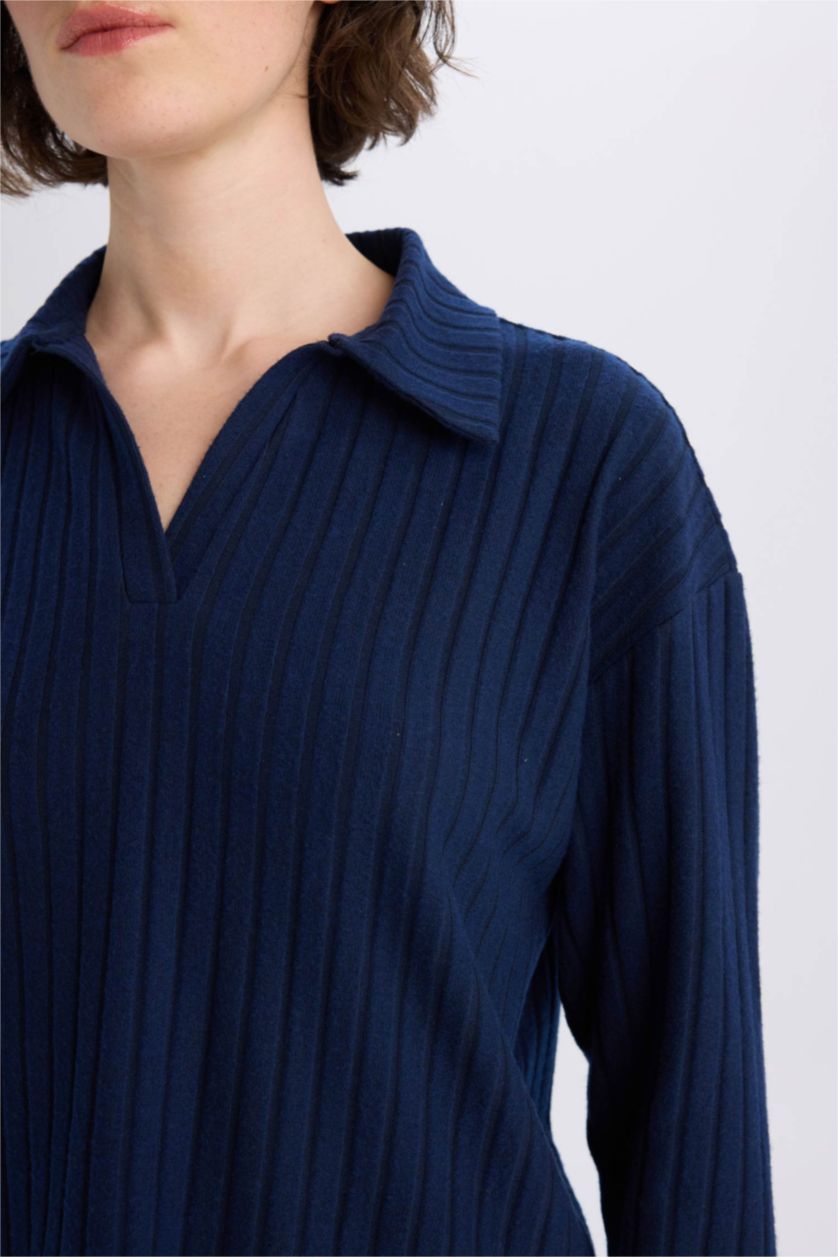 نساء كحلي تيشيرت بولو من قطن بأكمام طويلة قصة مريحة